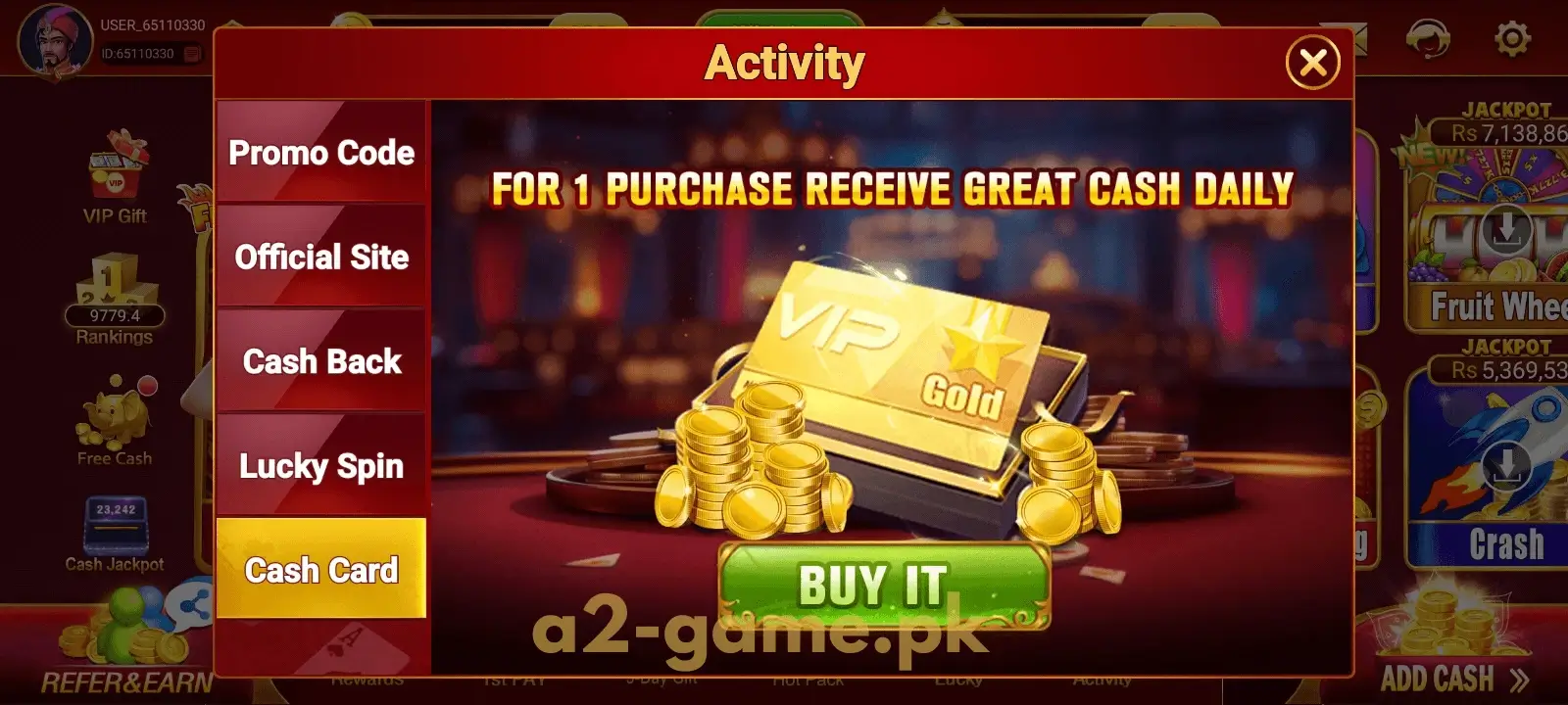 Activity Cash Card on A2 Game
