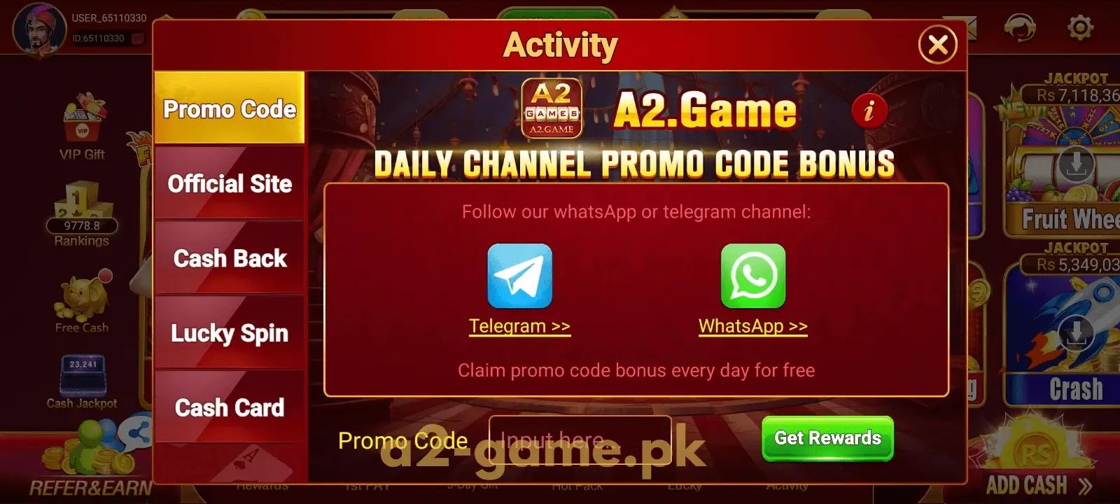 Activity Promo Code on A2 Game