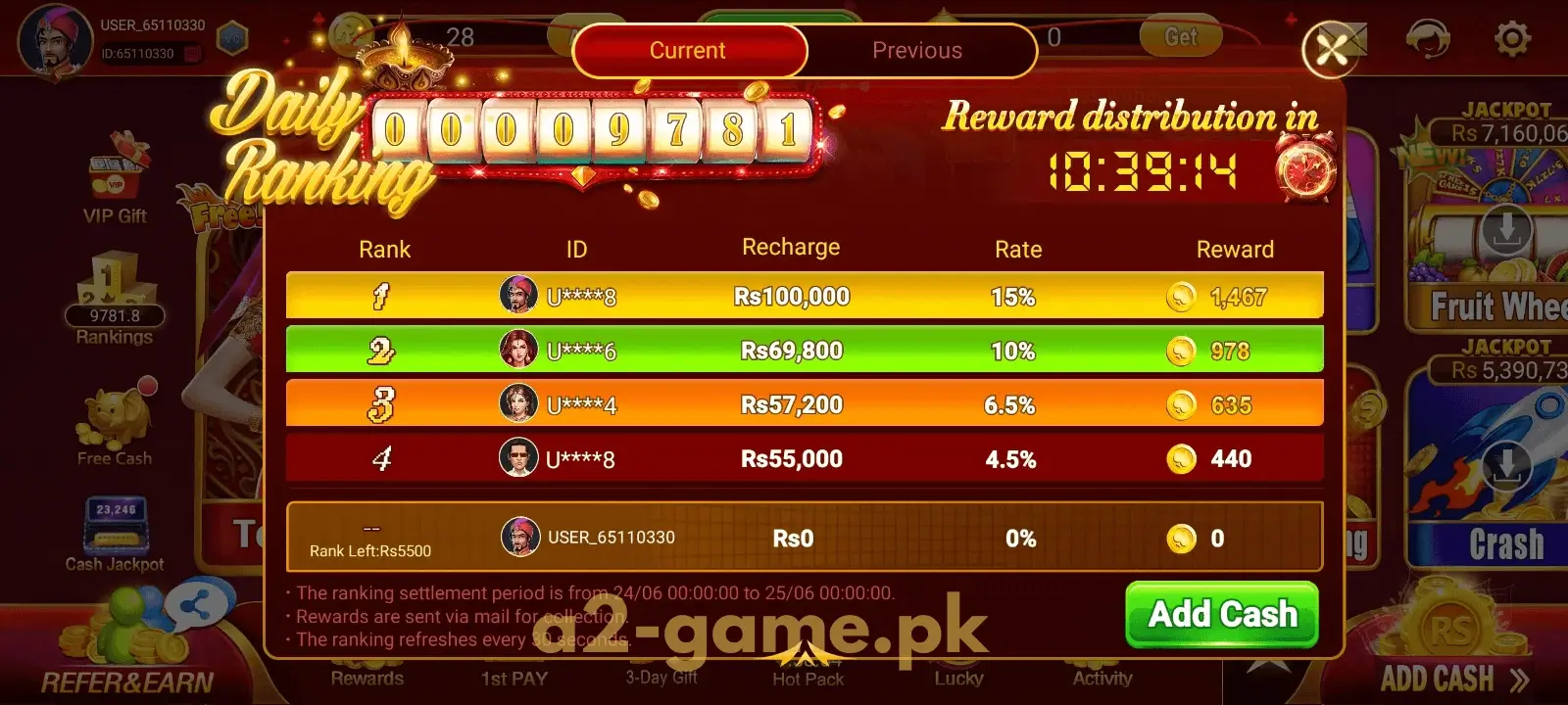 Daily Ranking on A2 Game